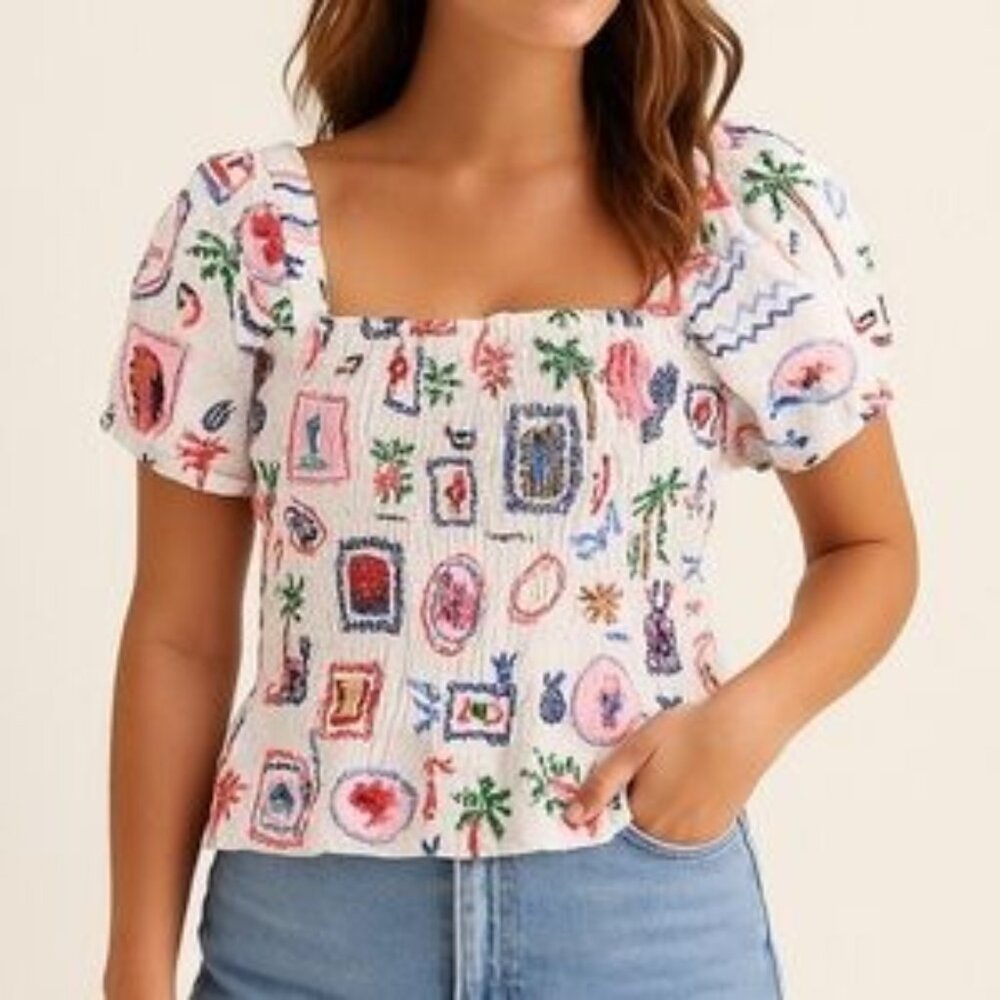 NWT Monteau Los Angeles Smocked Puff Sleeve Linen-Blend Top